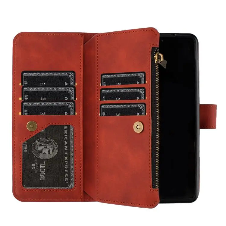 Voor Samsung Galaxy Z Fold6 Rhombus Texture Zipper Wallet Leather Phone Case (bruin)