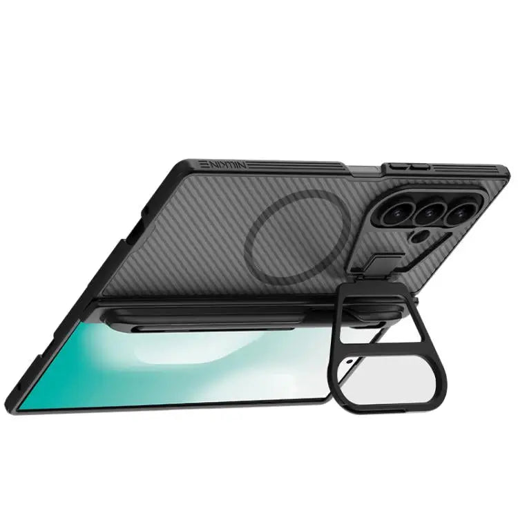 Voor Samsung Galaxy Z Fold7 5G NILLKIN CamShield Prop Transparante Spiegelhoes MagSafe Magnetische Doorschijnende PC Telefoonhoes met Stylus (Zwart)