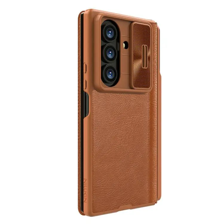 Voor Samsung Galaxy Z Fold7 5G NILLKIN QIN Series Pro Sliding Camera Cover Design Leren Telefoonhoesje met Stylus (Bruin)