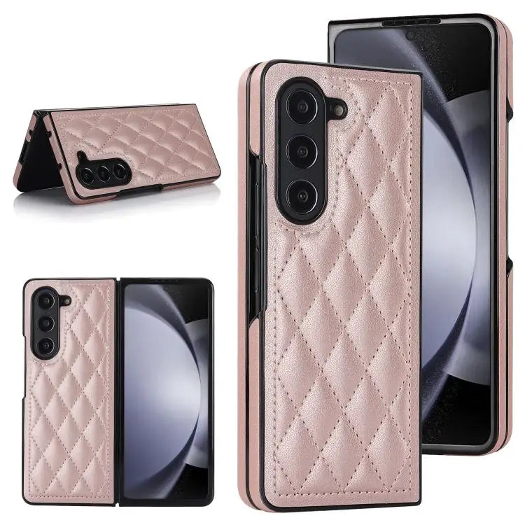 Voor Samsung Galaxy Z Fold7 5G Rhombic Fold leren telefoonhoesje (roségoud)