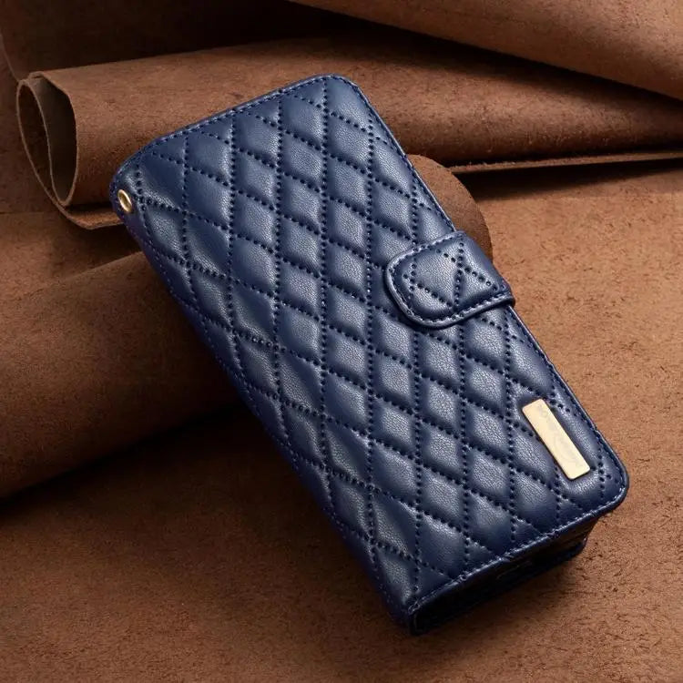 Voor Samsung Galaxy Z Fold7 Diamond Lattice Zipper Wallet Leather Flip Phone Case (blauw)