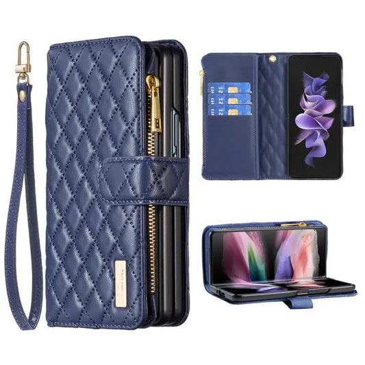 For Samsung Galaxy Z Fold7 Diamond Lattice Zipper Wallet Leather Flip Phone Case(Blue)