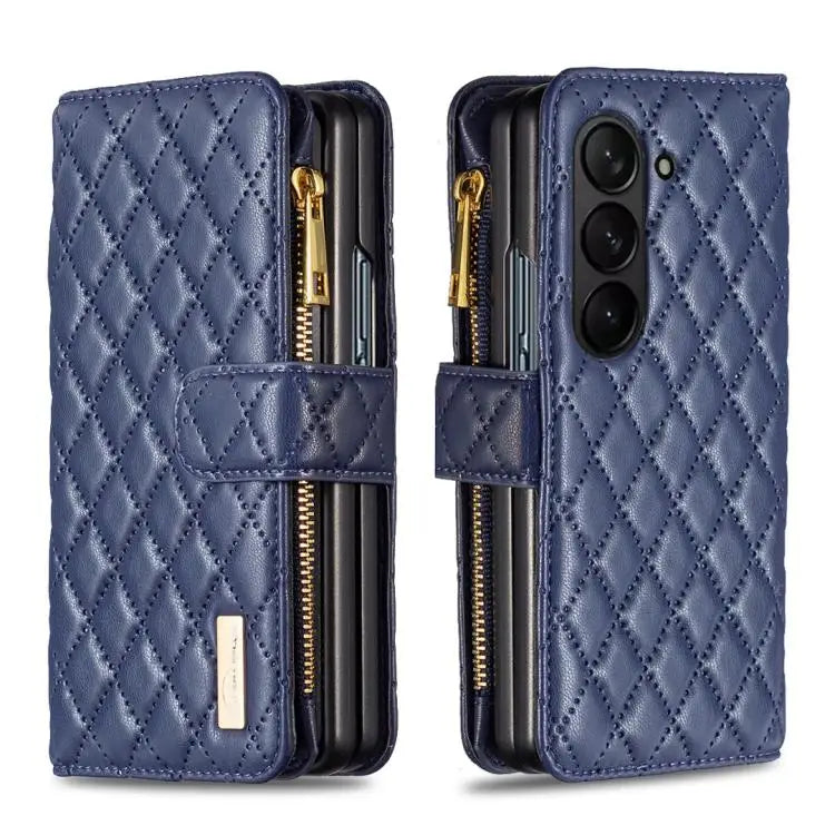 Voor Samsung Galaxy Z Fold7 Diamond Lattice Zipper Wallet Leather Flip Phone Case (blauw)