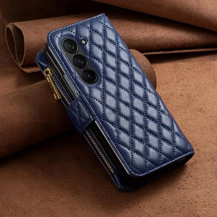 Voor Samsung Galaxy Z Fold7 Diamond Lattice Zipper Wallet Leather Flip Phone Case (blauw)