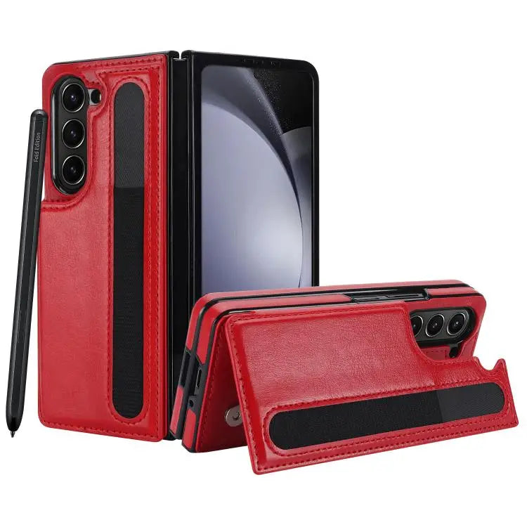 Voor Samsung Galaxy Z Fold7 Volledige dekking Vouw Dubbele gesp PU telefoonhoesje met penhouders (rood)