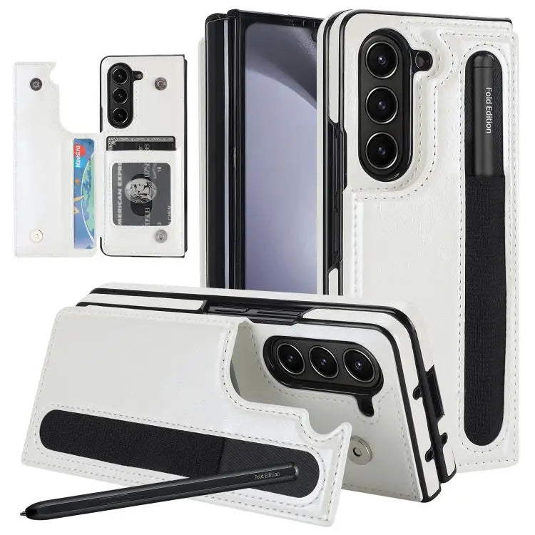 For Samsung Galaxy Z Fold7 Full Coverage Fold Double Buckle PU Phone Case with Pen Slots(White)