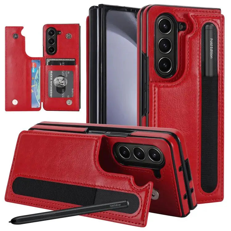 Voor Samsung Galaxy Z Fold7 Volledige dekking Vouw Dubbele gesp PU telefoonhoesje met penhouders (rood)