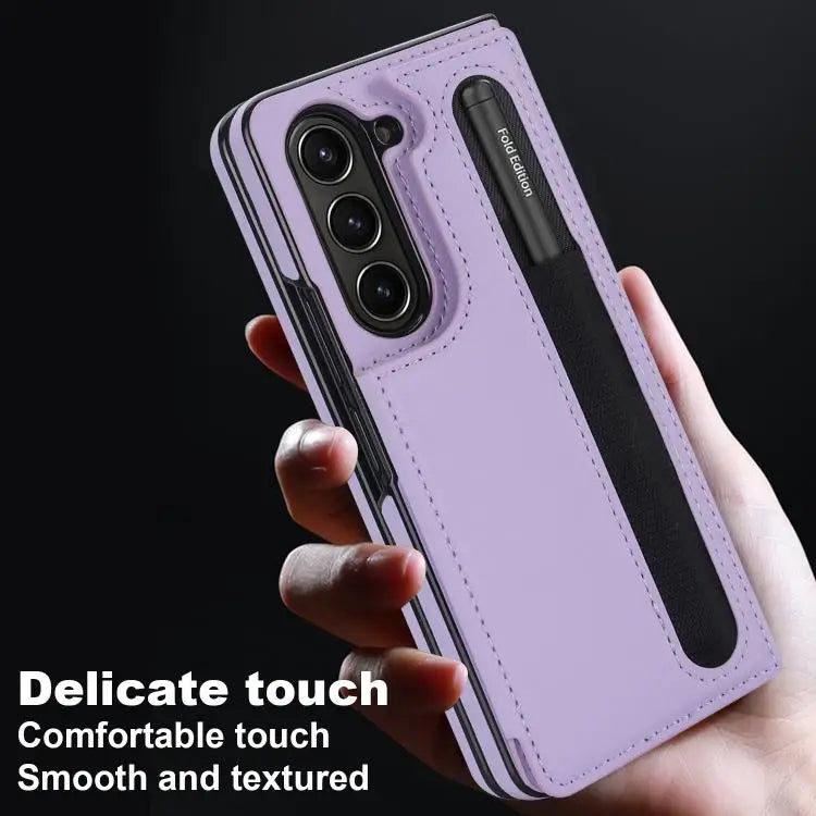 For Samsung Galaxy Z Fold7 Full Coverage Fold Double Buckle PU Phone Case with Pen Slots(Purple)