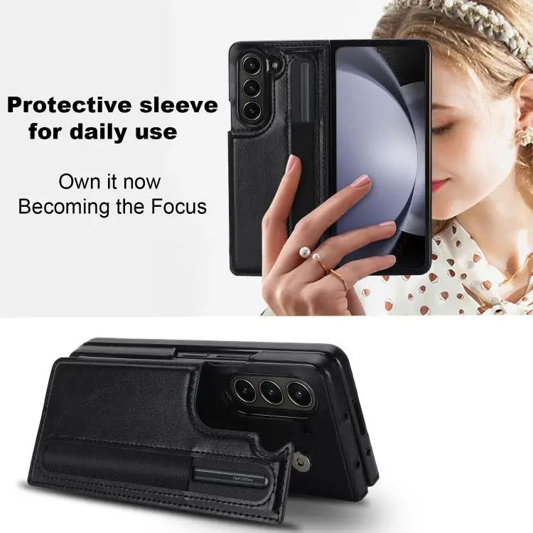 For Samsung Galaxy Z Fold7 Full Coverage Fold Double Buckle PU Phone Case with Pen Slots(Black)