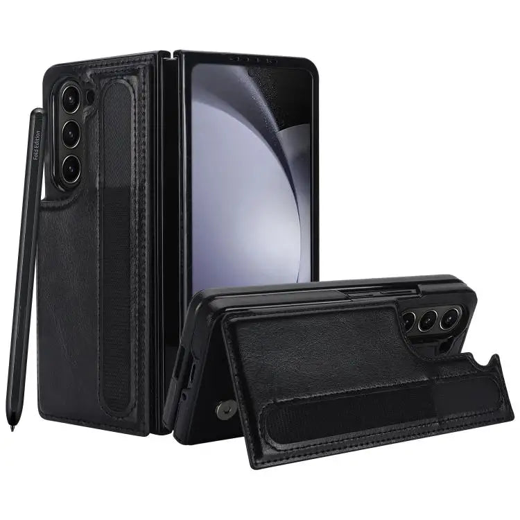 For Samsung Galaxy Z Fold7 Full Coverage Fold Double Buckle PU Phone Case with Pen Slots(Black)