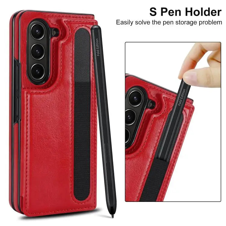 Voor Samsung Galaxy Z Fold7 Volledige dekking Vouw Dubbele gesp PU telefoonhoesje met penhouders (rood)