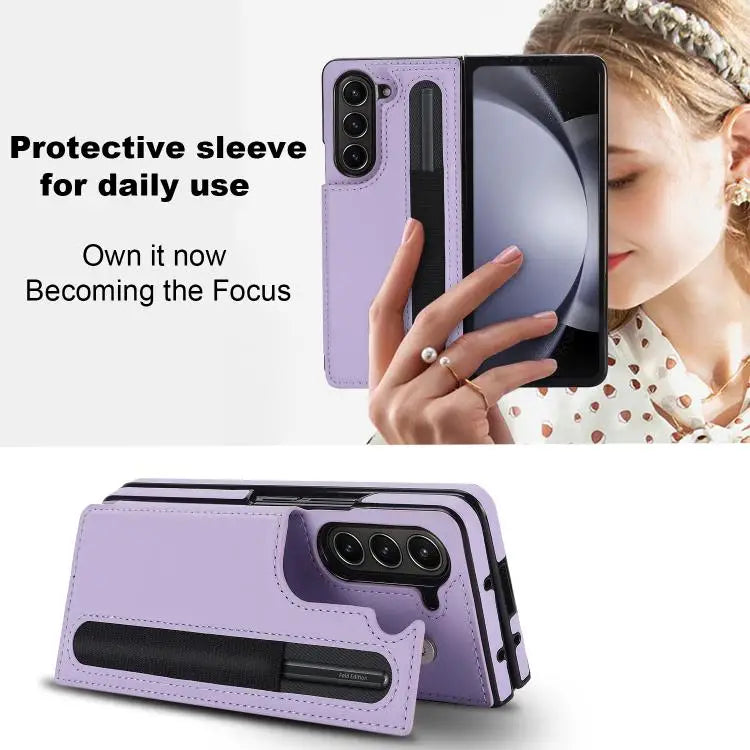 For Samsung Galaxy Z Fold7 Full Coverage Fold Double Buckle PU Phone Case with Pen Slots(Purple)
