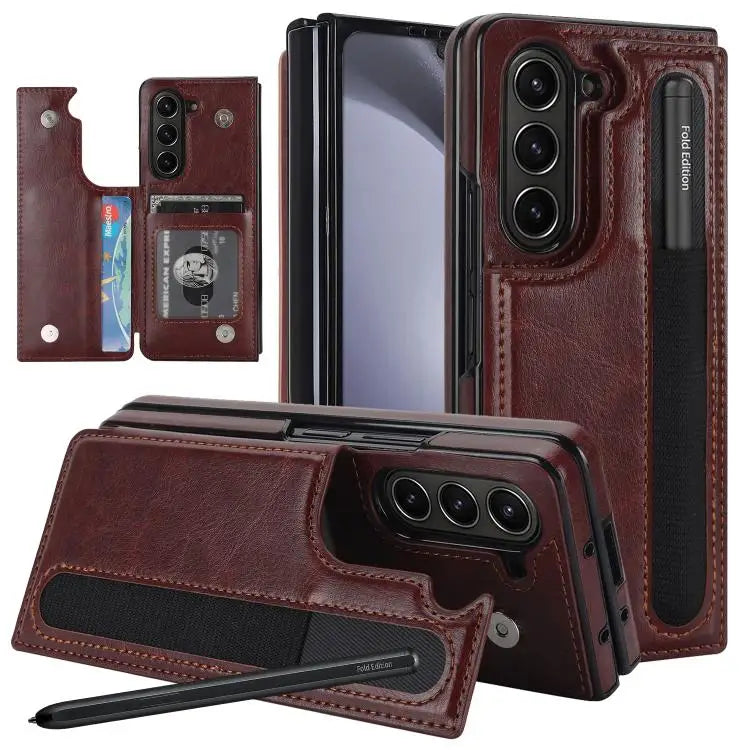For Samsung Galaxy Z Fold7 Full Coverage Fold Double Buckle PU Phone Case with Pen Slots(Brown)