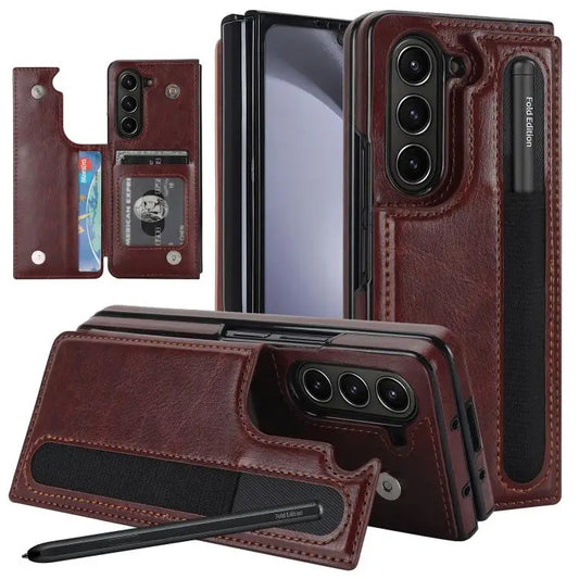 For Samsung Galaxy Z Fold7 Full Coverage Fold Double Buckle PU Phone Case with Pen Slots(Brown)