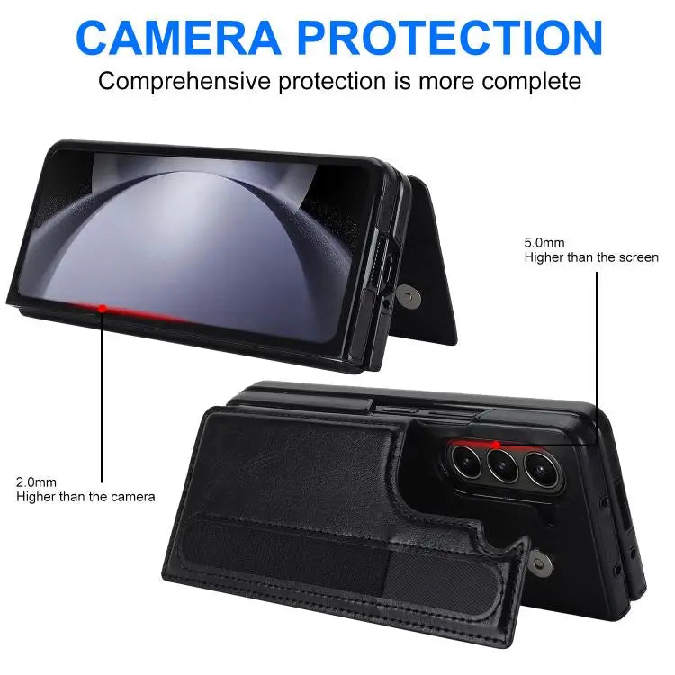 For Samsung Galaxy Z Fold7 Full Coverage Fold Double Buckle PU Phone Case with Pen Slots(Black)