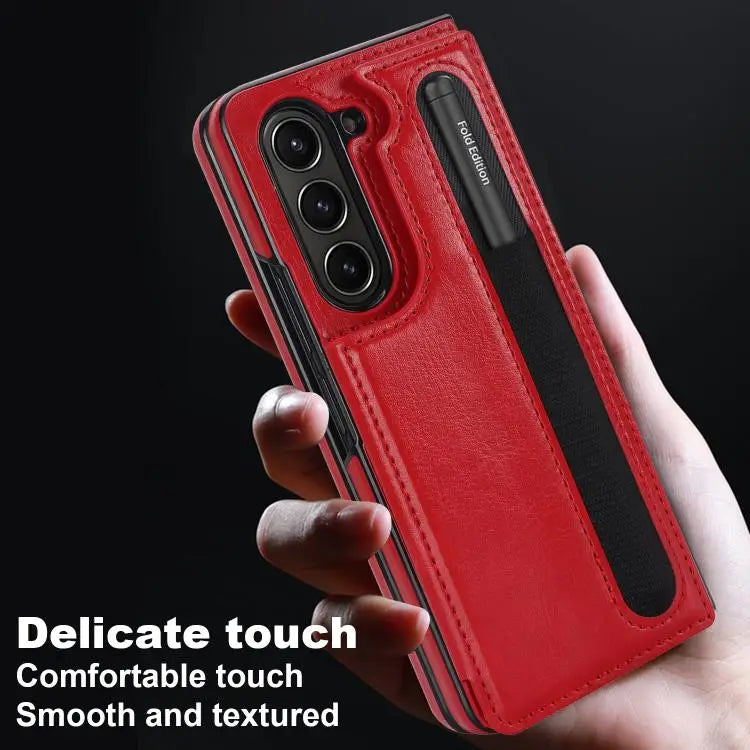 Voor Samsung Galaxy Z Fold7 Volledige dekking Vouw Dubbele gesp PU telefoonhoesje met penhouders (rood)