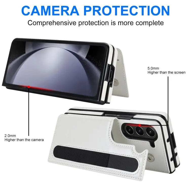 For Samsung Galaxy Z Fold7 Full Coverage Fold Double Buckle PU Phone Case with Pen Slots(White)