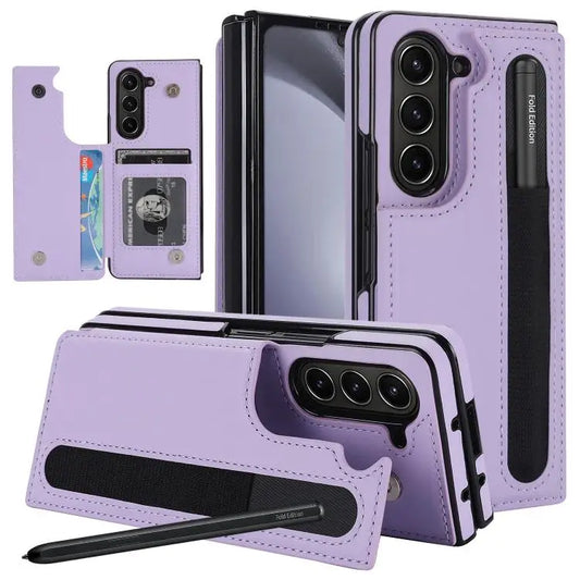For Samsung Galaxy Z Fold7 Full Coverage Fold Double Buckle PU Phone Case with Pen Slots(Purple)