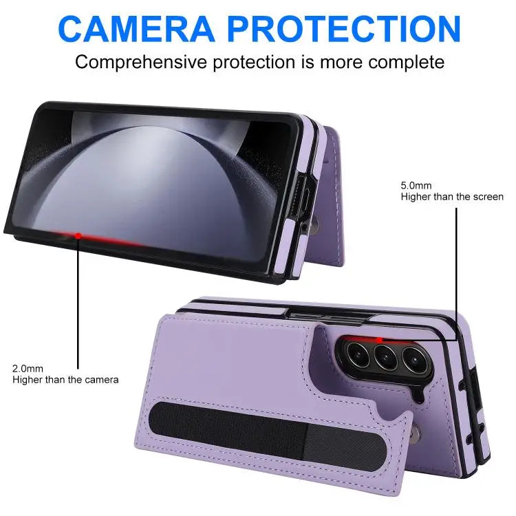 For Samsung Galaxy Z Fold7 Full Coverage Fold Double Buckle PU Phone Case with Pen Slots(Purple)