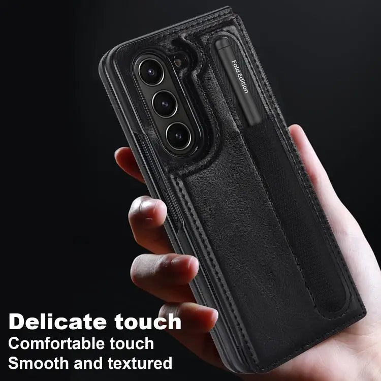 For Samsung Galaxy Z Fold7 Full Coverage Fold Double Buckle PU Phone Case with Pen Slots(Black)