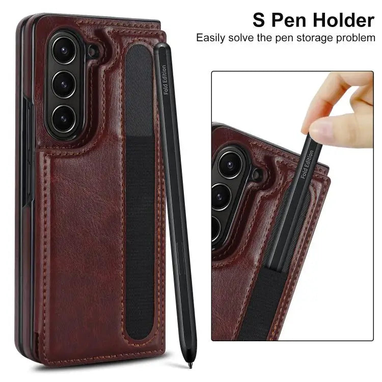 For Samsung Galaxy Z Fold7 Full Coverage Fold Double Buckle PU Phone Case with Pen Slots(Brown)