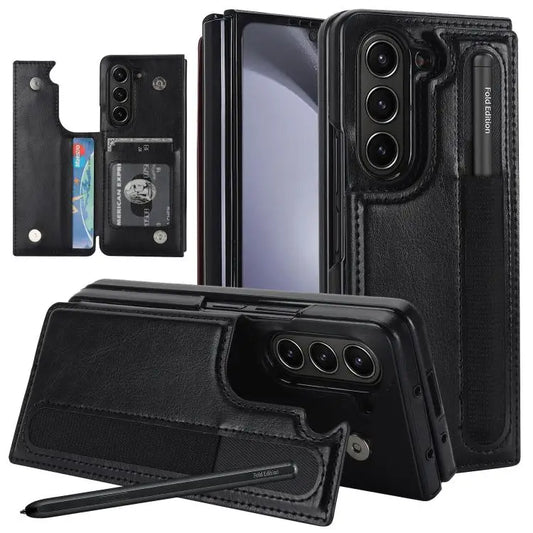 For Samsung Galaxy Z Fold7 Full Coverage Fold Double Buckle PU Phone Case with Pen Slots(Black)