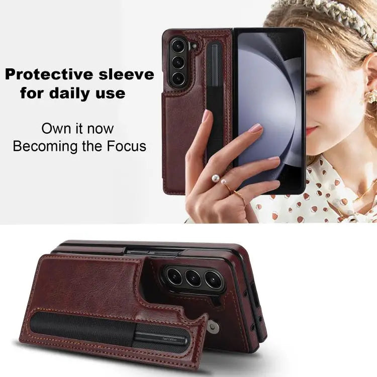 For Samsung Galaxy Z Fold7 Full Coverage Fold Double Buckle PU Phone Case with Pen Slots(Brown)