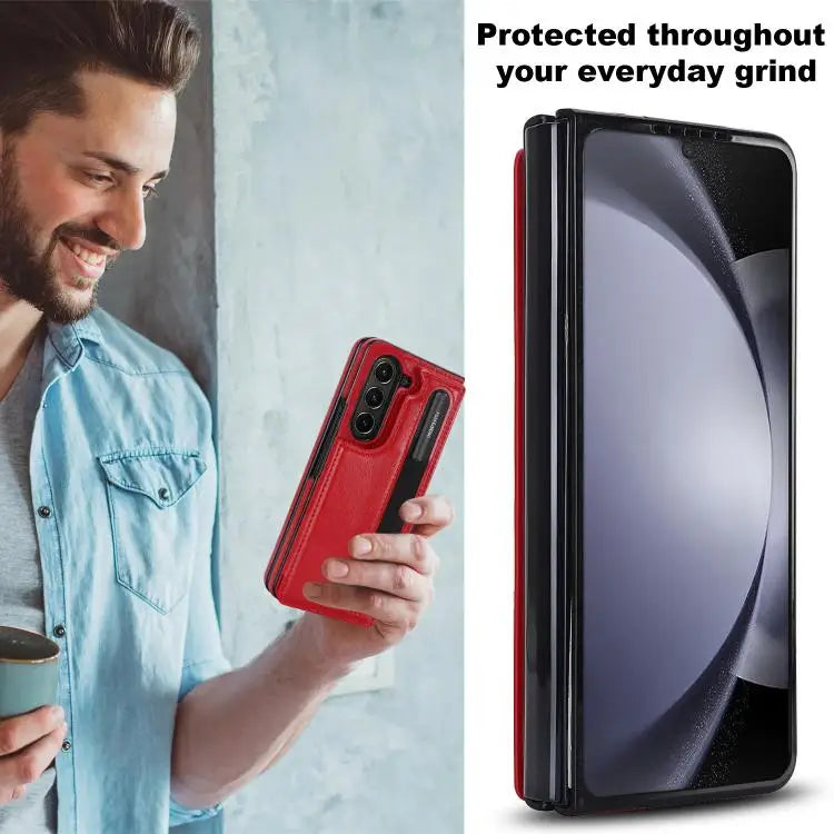 Voor Samsung Galaxy Z Fold7 Volledige dekking Vouw Dubbele gesp PU telefoonhoesje met penhouders (rood)