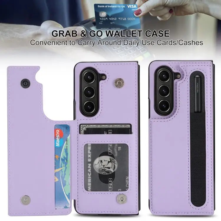 For Samsung Galaxy Z Fold7 Full Coverage Fold Double Buckle PU Phone Case with Pen Slots(Purple)