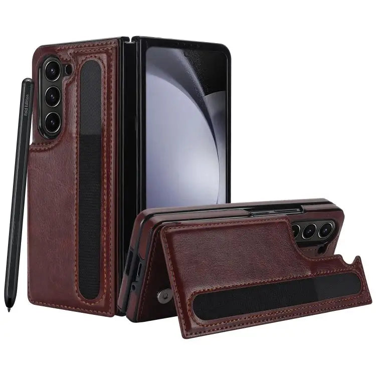 For Samsung Galaxy Z Fold7 Full Coverage Fold Double Buckle PU Phone Case with Pen Slots(Brown)