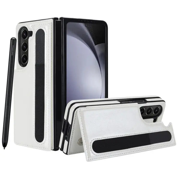 For Samsung Galaxy Z Fold7 Full Coverage Fold Double Buckle PU Phone Case with Pen Slots(White)
