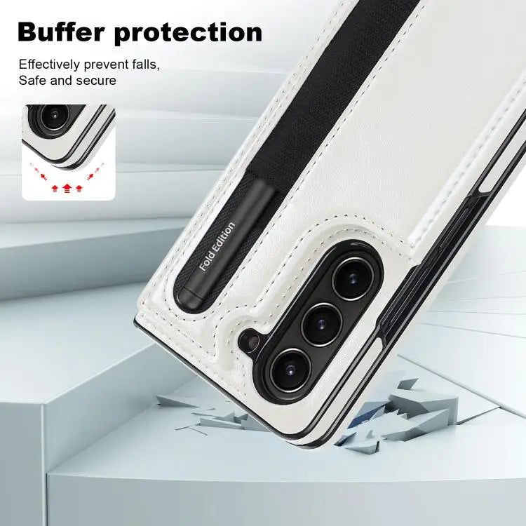 For Samsung Galaxy Z Fold7 Full Coverage Fold Double Buckle PU Phone Case with Pen Slots(White)