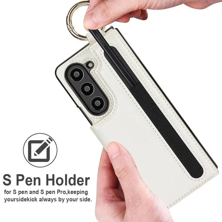 For Samsung Galaxy Z Fold7 Litchi Texture Double Buckle Leather Phone Case with Pen Slot(White)