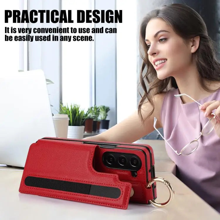 Voor Samsung Galaxy Z Fold7 Litchi Texture Dubbele Gesp Leren Telefoonhoesje met Penhouder (Rood)