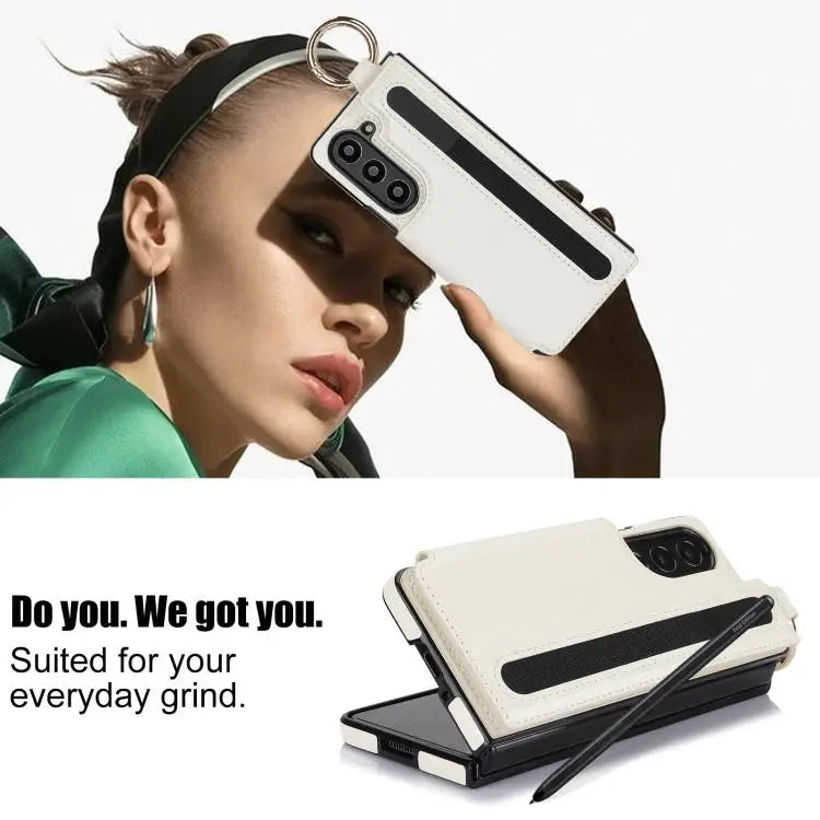 For Samsung Galaxy Z Fold7 Litchi Texture Double Buckle Leather Phone Case with Pen Slot(White)