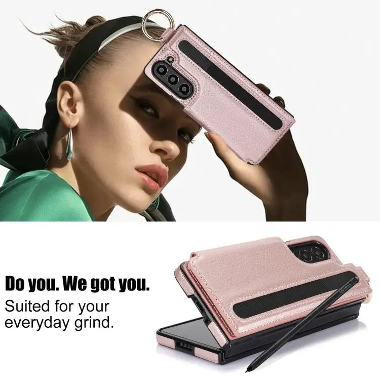 Voor Samsung Galaxy Z Fold7 Litchi Texture Dubbele Gesp Leren Telefoonhoesje met Penhouder (Roségoud)