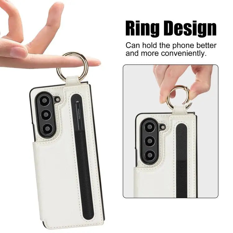 For Samsung Galaxy Z Fold7 Litchi Texture Double Buckle Leather Phone Case with Pen Slot(White)