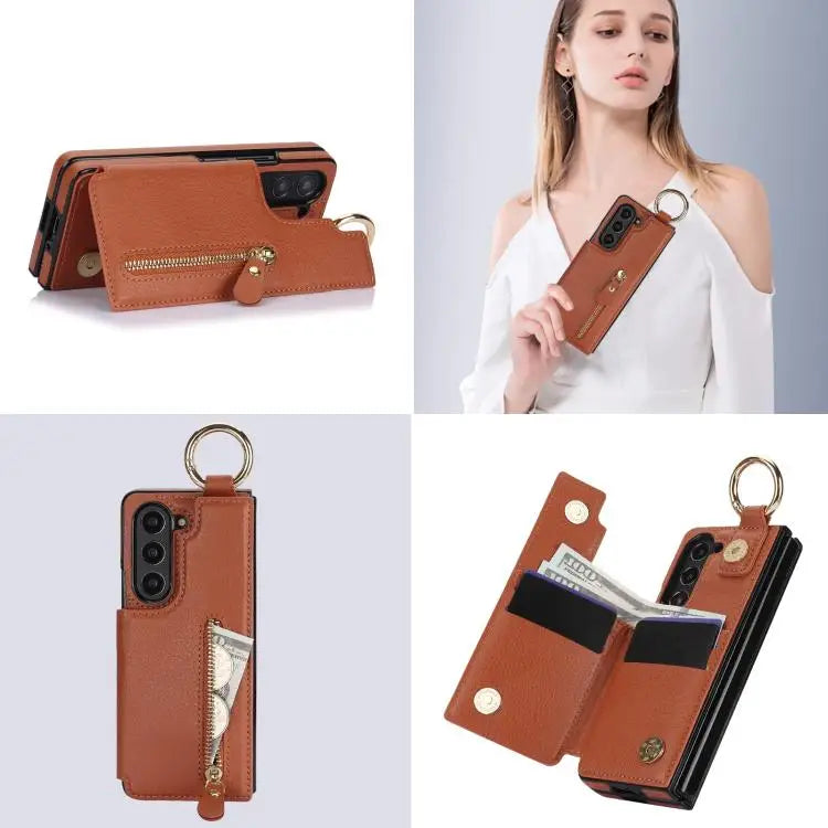 For Samsung Galaxy Z Fold7 Litchi Texture Ring Zipper Double Buckle Leather Phone Case(Brown)