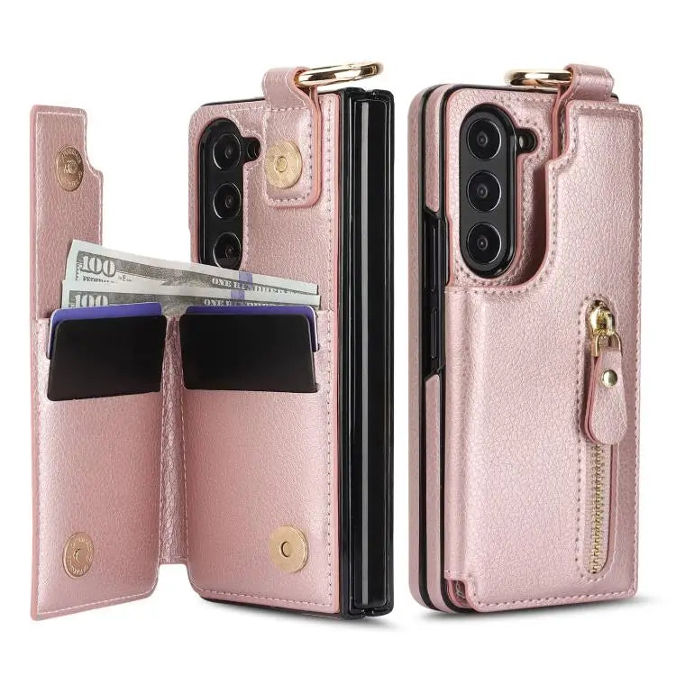 Voor Samsung Galaxy Z Fold7 Litchi Texture Ring Rits Dubbele Gesp Leren Telefoonhoesje (Roségoud)