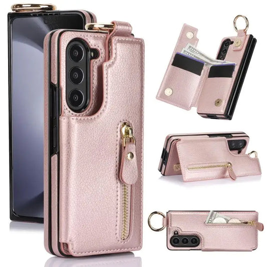 For Samsung Galaxy Z Fold7 Litchi Texture Ring Zipper Double Buckle Leather Phone Case(Rose Gold)