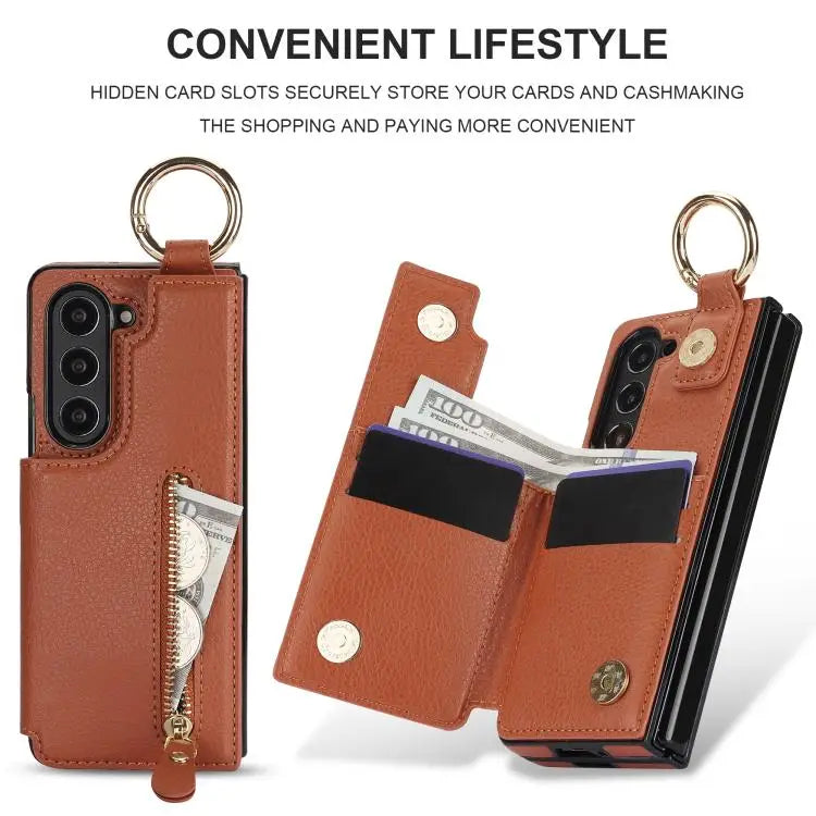 For Samsung Galaxy Z Fold7 Litchi Texture Ring Zipper Double Buckle Leather Phone Case(Brown)
