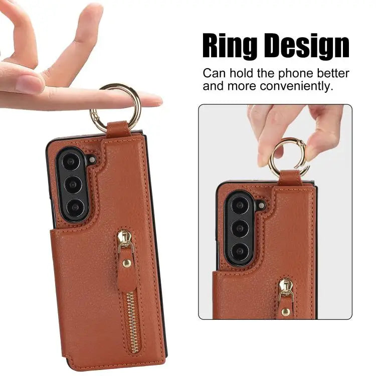 For Samsung Galaxy Z Fold7 Litchi Texture Ring Zipper Double Buckle Leather Phone Case(Brown)