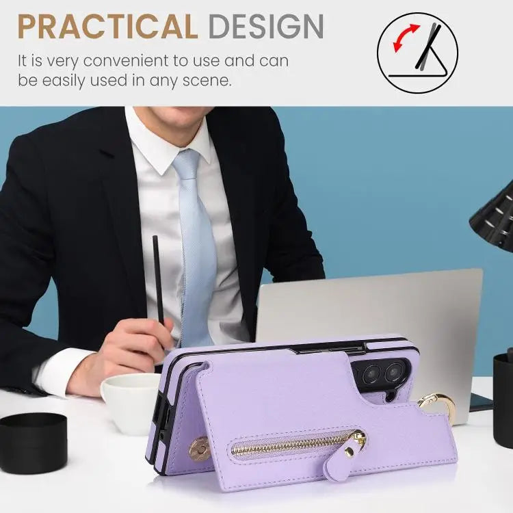 Voor Samsung Galaxy Z Fold7 Litchi Texture Ring Rits Dubbele Gesp Leren Telefoonhoesje (Paars)