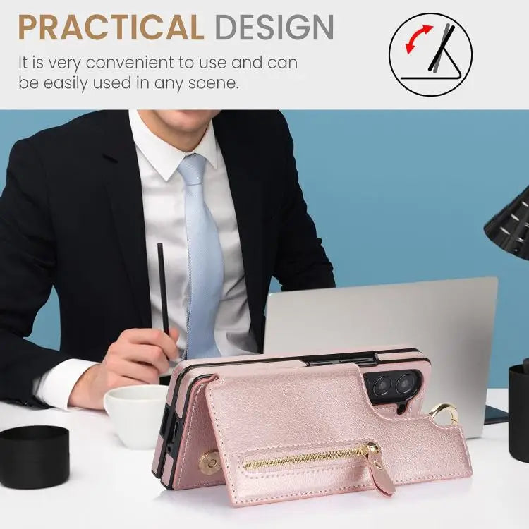 Voor Samsung Galaxy Z Fold7 Litchi Texture Ring Rits Dubbele Gesp Leren Telefoonhoesje (Roségoud)