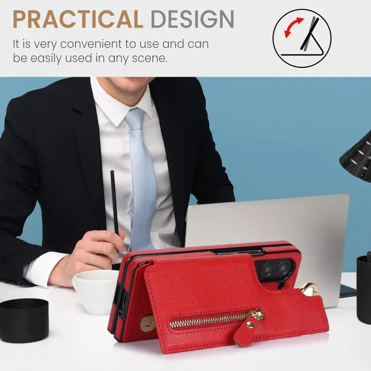 Voor Samsung Galaxy Z Fold7 Litchi Texture Ring Rits Dubbele Gesp Leren Telefoonhoesje (Rood)