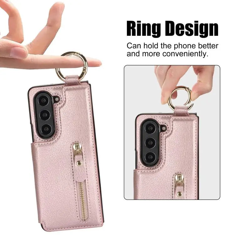 Voor Samsung Galaxy Z Fold7 Litchi Texture Ring Rits Dubbele Gesp Leren Telefoonhoesje (Roségoud)