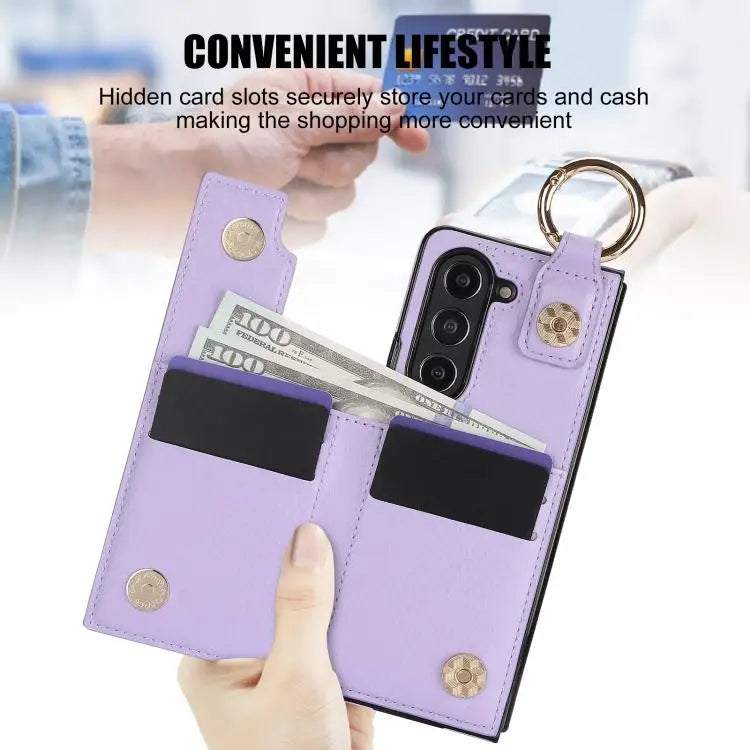 Voor Samsung Galaxy Z Fold7 Litchi Texture Ring Rits Dubbele Gesp Leren Telefoonhoesje (Paars)