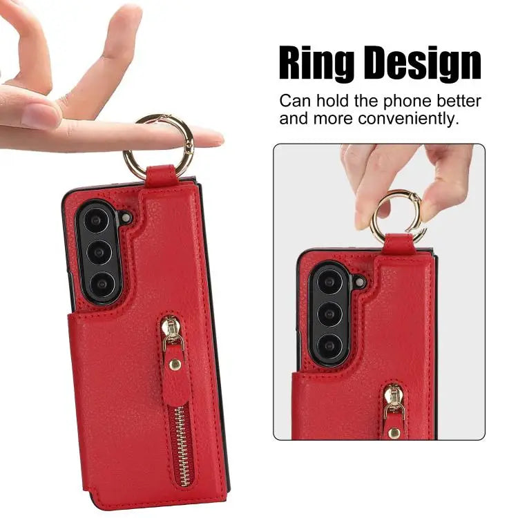 Voor Samsung Galaxy Z Fold7 Litchi Texture Ring Rits Dubbele Gesp Leren Telefoonhoesje (Rood)