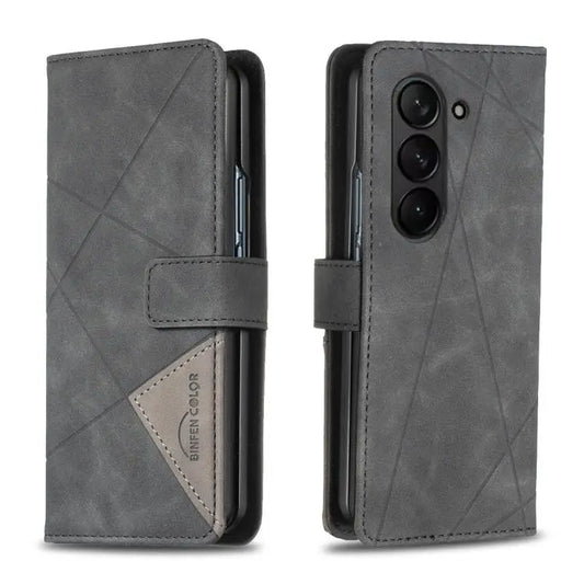 Voor Samsung Galaxy Z Fold7 Magnetische gesp Rhombus textuur leren telefoonhoesje (zwart)