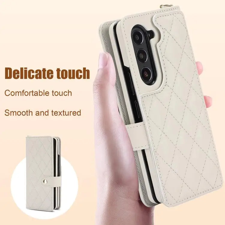 For Samsung Galaxy Z Fold7 Rhombic Texture Crossbody Multifunctional Leather Phone Case(White)